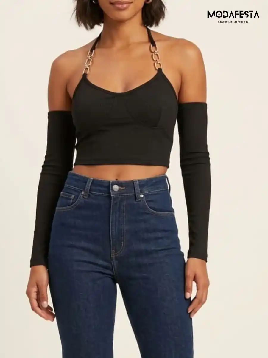 ModaFesta -chain-strap-halter-neck-crop- camisole-top-arm-sleeves-black